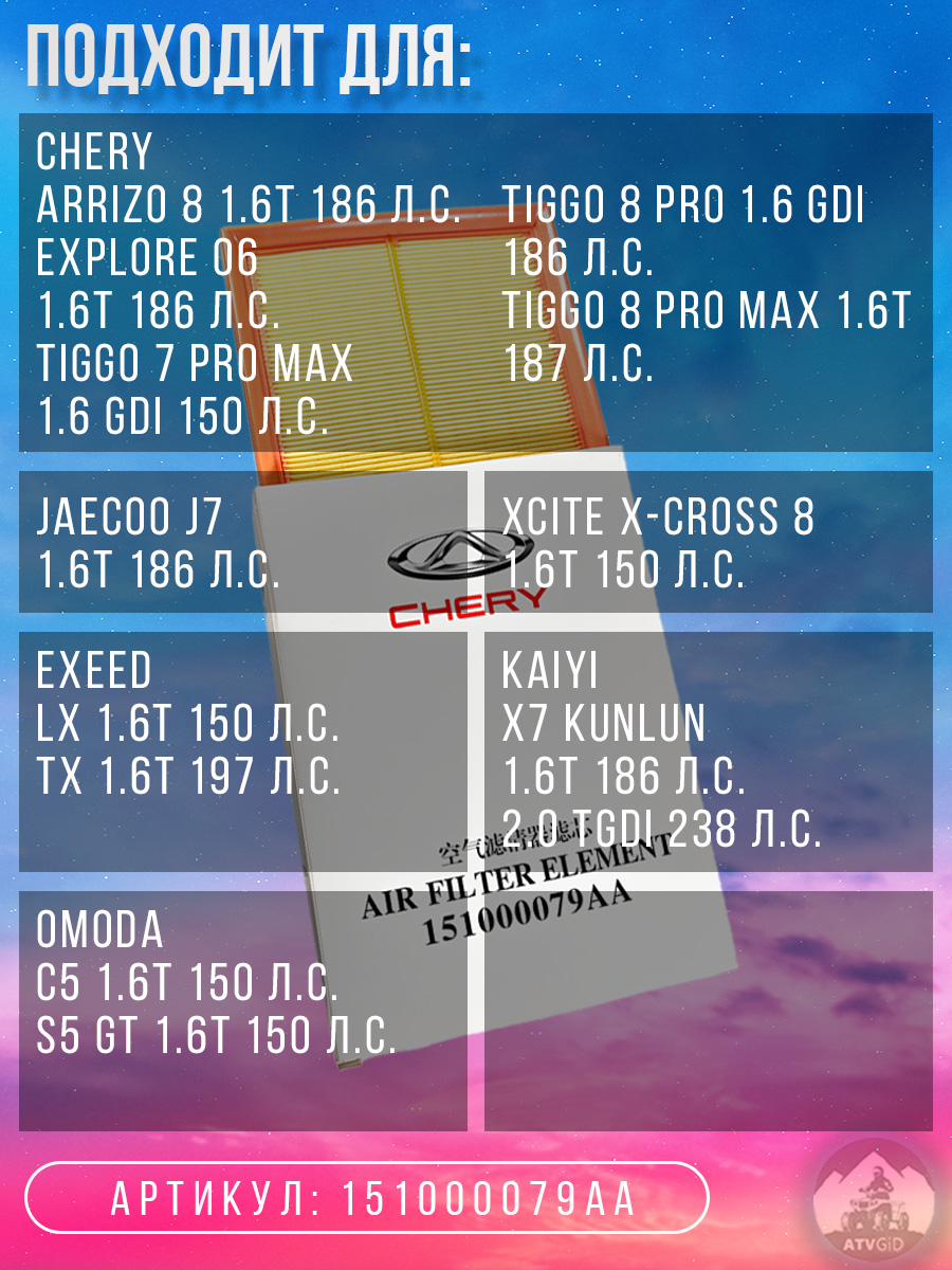 картинка Фильтр воздушный Chery Arrizo 8, Explore 06, Tiggo 7 Pro Max/8 Pro/8 Pro Max 1.6; Exeed LX, TX 1.6; Jaecoo J7 1.6; Omoda C5, S5 1.6; Kaiyi X7 Kunlun 1.6, 2.0, Xcite X-Cross 8 1.6 151000079AA от магазина Компания+